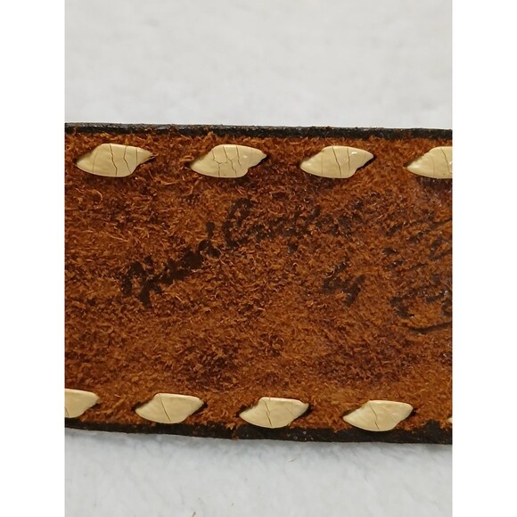 Vintage Hand Tooled Brown Leather Belt Floral PAUL Embossed Weave Edge Size 34 - Picture 9 of 9